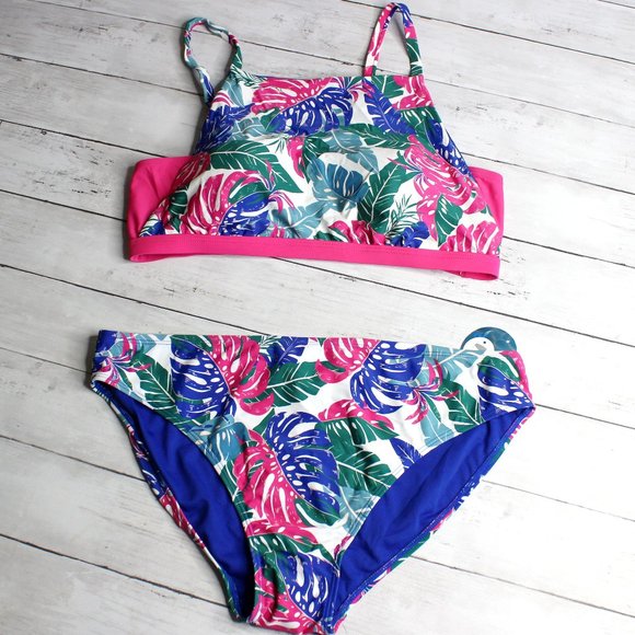Decree Women's Bikini Swim Top Bottoms Plus Size 3X 24W Blue Pink Floral - Picture 1 of 8